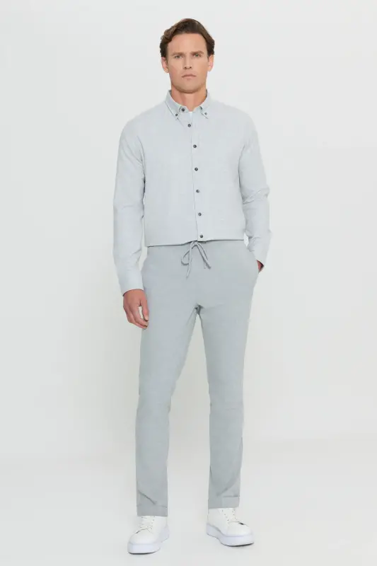 Erkak Kulrang Slim Fit Qulay Kesimli Beli Bog'lamali Yon Cho'ntakli Jogger Shim - Kulrang - 2