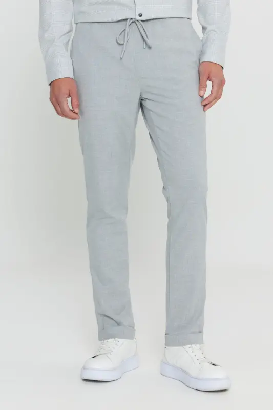 Erkak Kulrang Slim Fit Qulay Kesimli Beli Bog'lamali Yon Cho'ntakli Jogger Shim - Kulrang - 7