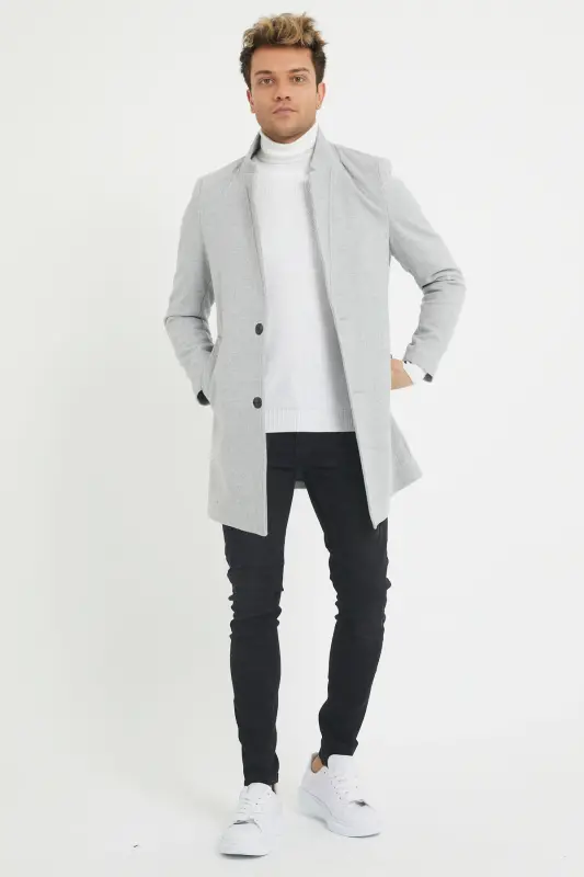 Erkak kulrang slim fit tik yoqa qashmir palto - Kulrang - 3