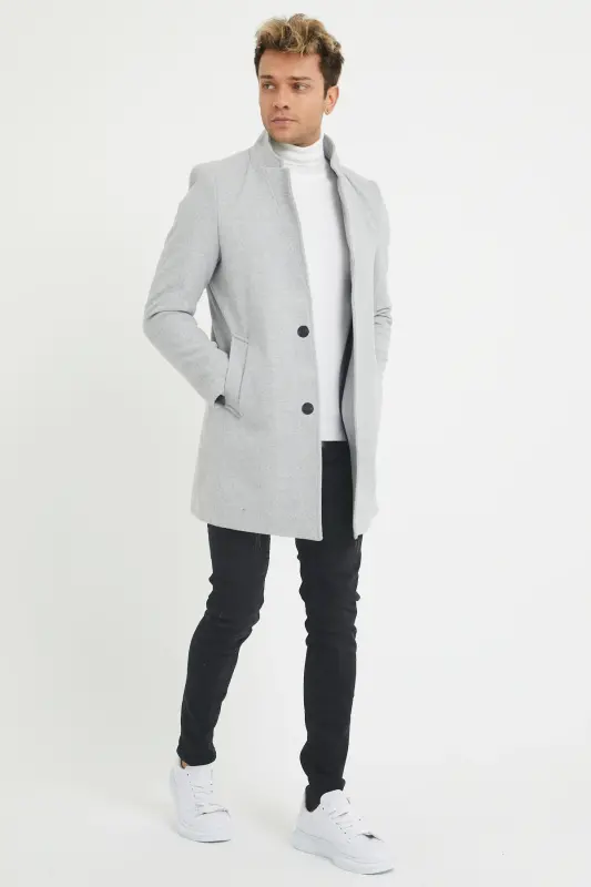Erkak kulrang slim fit tik yoqa qashmir palto - Kulrang - 4