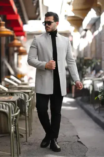 Erkak kulrang Slim Fit tik yoqali kaşmir palto-kulrang - 1