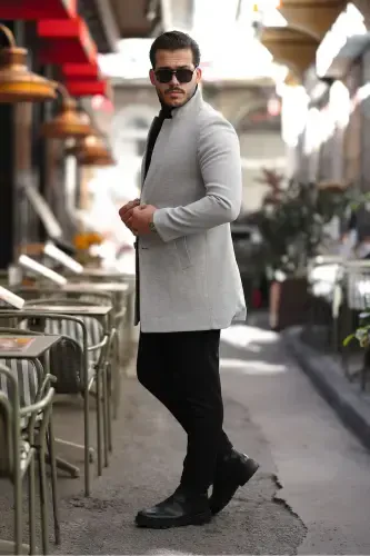 Erkak kulrang Slim Fit tik yoqali kaşmir palto-kulrang - SER JOVEN (1)