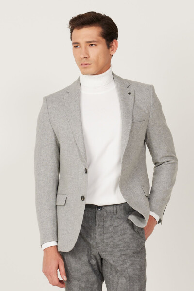 Erkak kulrang Slim Fit tor kesimli mono yoqali naqshli jun - 4