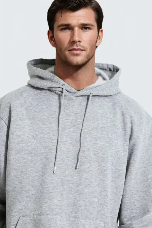Erkak kulrang tekis kapüşonli oversize 3 ipliqli shardonli keng bichimli hoodie svitshot-kulrang - 3