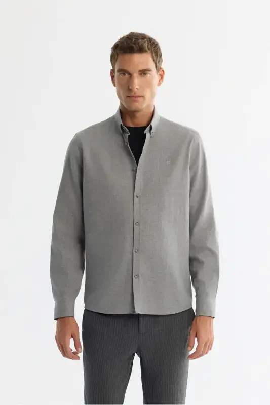 Erkak kulrang tugmali yoqali 100% paxta ko'ylak B002033-Kulrang - AVVA