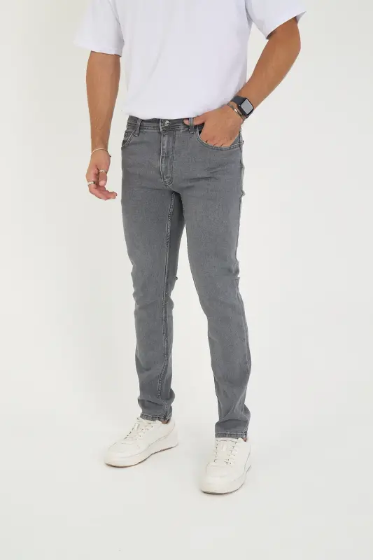 Erkak Likrali Denim Regular Fit Jins - Kulrang - 2