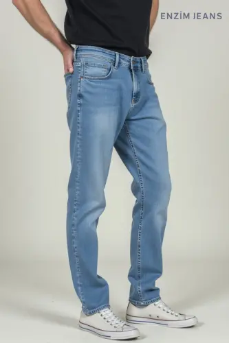 Erkak Likrali Denim Regular Fit Jins - Muz Moviy 