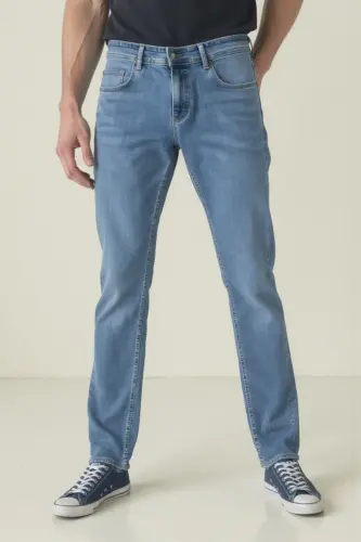 Erkak Likrali Denim Regular Fit Jins - Muz Moviy - ENZİM JEANS (1)