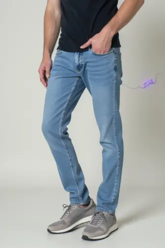 Erkak Likrali Denim Regular Fit Jins - Muz Moviy - 5