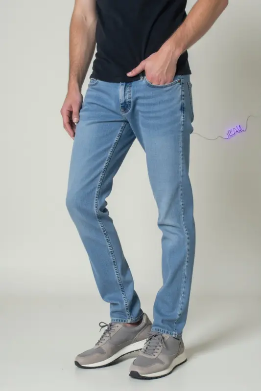 Erkak Likrali Denim Regular Fit Jins - Muz Moviy - 5