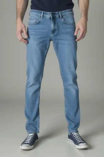 Erkak Likrali Denim Regular Fit Jins - Muz Moviy - 6