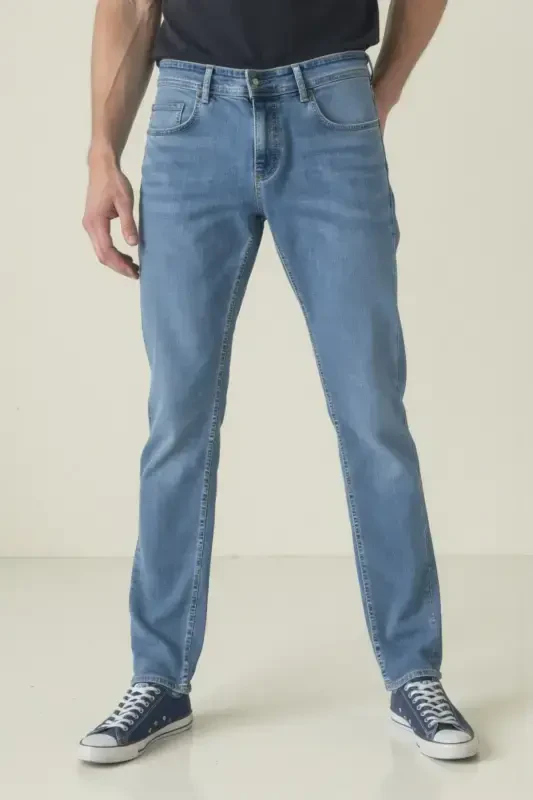 Erkak Likrali Denim Regular Fit Jins - Muz Moviy - 2
