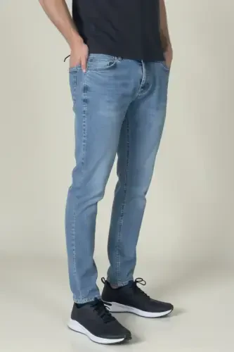 Erkak Likrali Denim Regular Fit Jins - Muz Moviy - 4