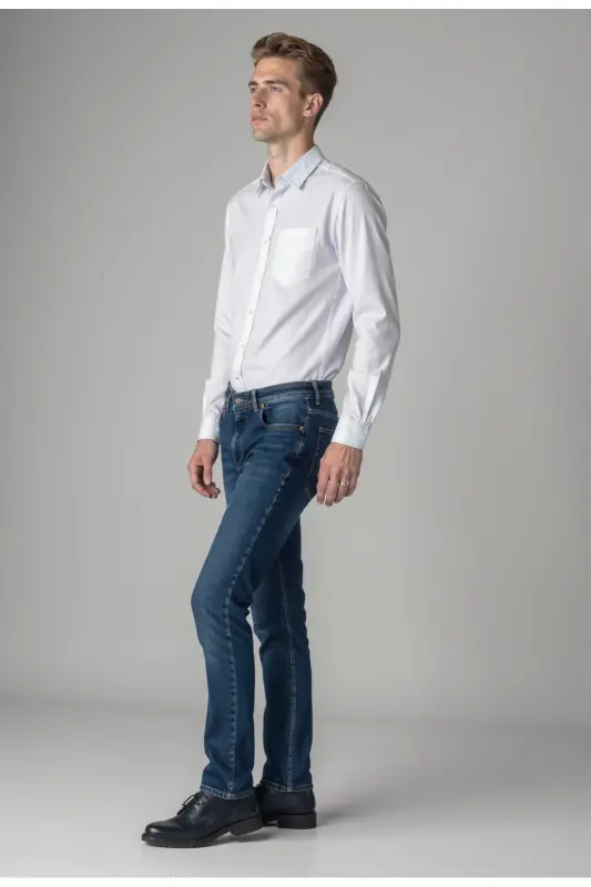 Erkak Likrali Denim Regular Fit Jins - Ochiq Moviy - 2