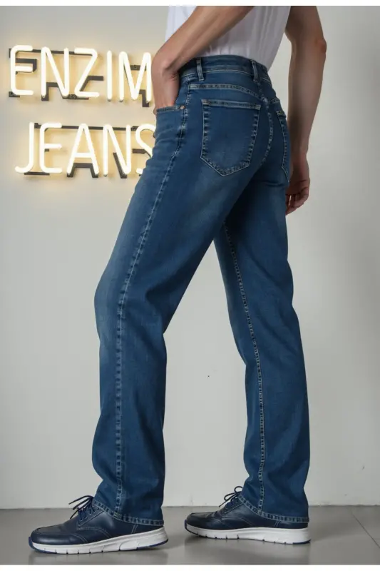 Erkak Likrali Denim Regular Fit Jins - Ochiq Moviy - 6