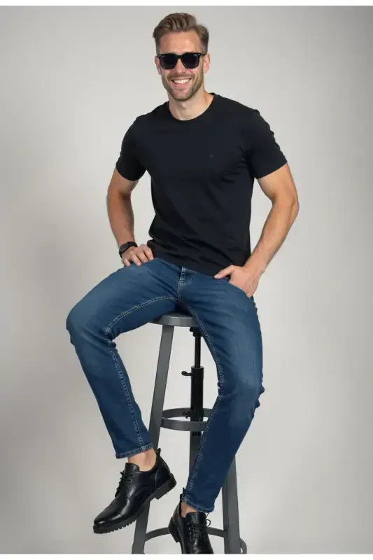 Erkak Likrali Denim Regular Fit Jins - Ochiq Moviy - 4