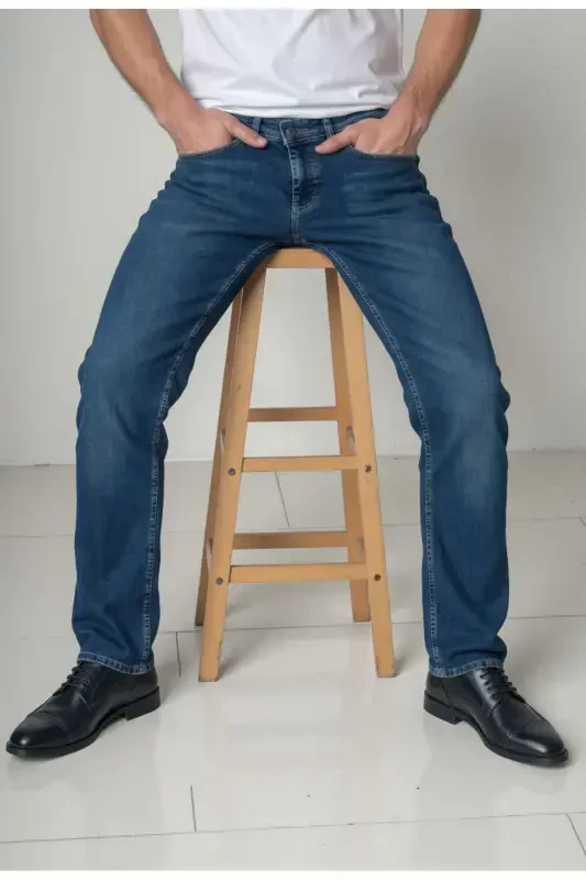 Erkak Likrali Denim Regular Fit Jins - Ochiq Moviy - 5