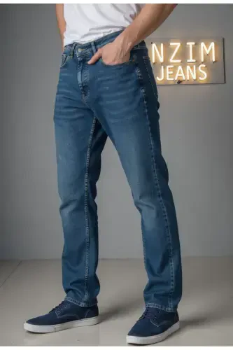 Erkak Likrali Denim Regular Fit Jins - Ochiq Moviy - 7