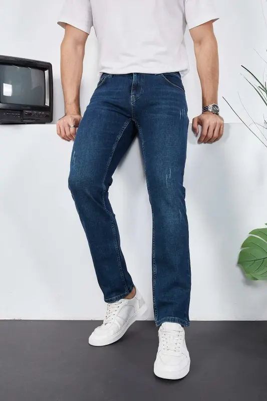 Erkak Likrali Denim Regular Fit Jins-Tirnoqli Moviy - ENZİM JEANS