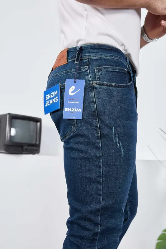 Erkak Likrali Denim Regular Fit Jins-Tirnoqli Moviy - 7