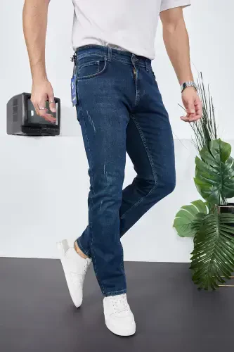 Erkak Likrali Denim Regular Fit Jins-Tirnoqli Moviy - 3