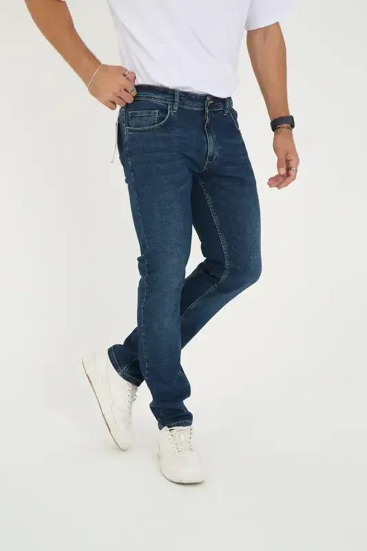 Erkak Likrali Denim Regular Fit Jins-Tirnoqsiz Moviy - 1