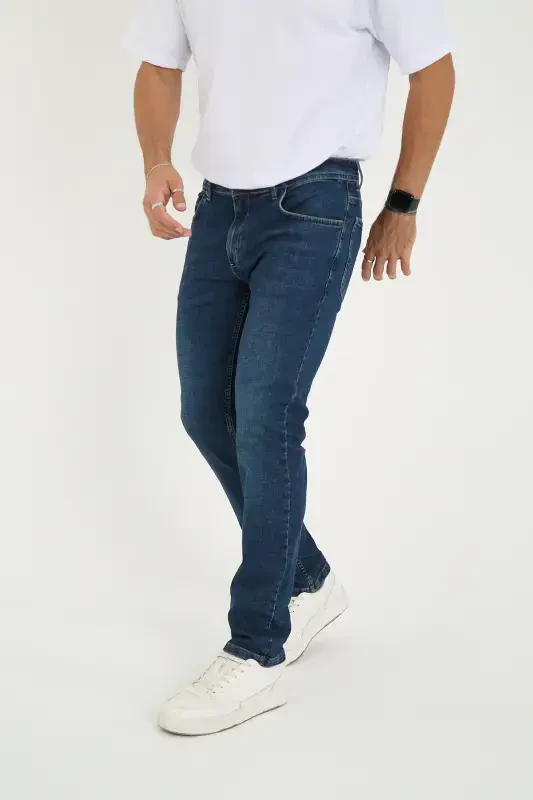Erkak Likrali Denim Regular Fit Jins-Tirnoqsiz Moviy - 4