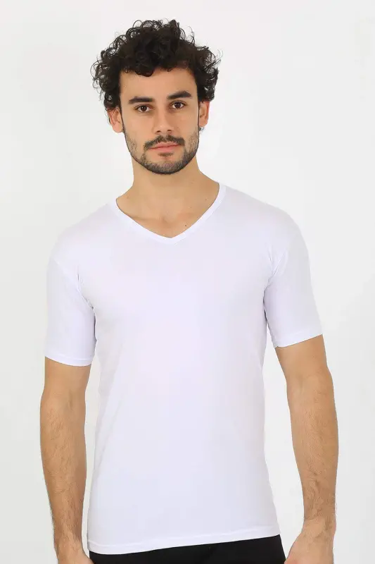 Erkak Likrali V Yaka Oq T-shirt 65700 - 8
