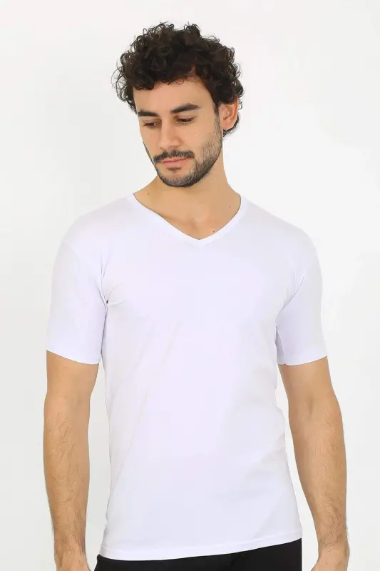 Erkak Likrali V Yaka Oq T-shirt 65700 - BÜYÜKBEDENIZ