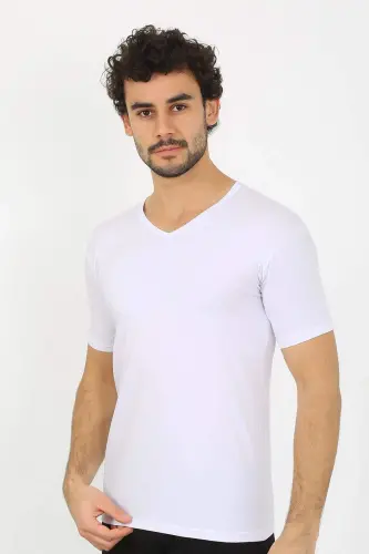 Erkak Likrali V Yaka Oq T-shirt 65700 - 3