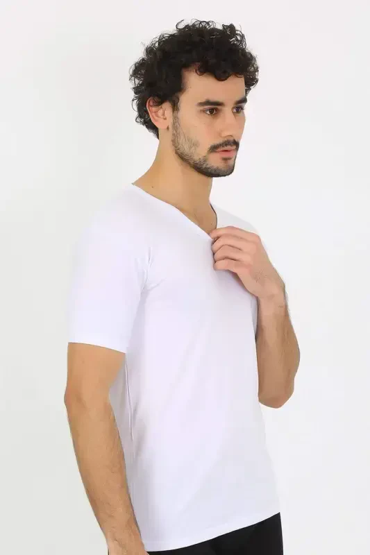 Erkak Likrali V Yaka Oq T-shirt 65700 - 9