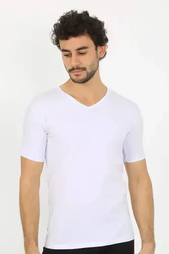 Erkak Likrali V Yaka Oq T-shirt 65700 - 1