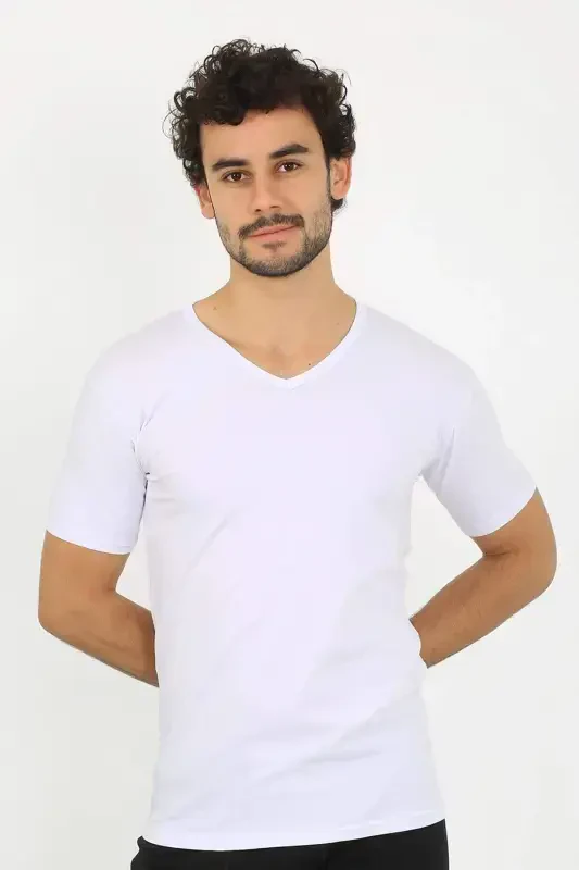 Erkak Likrali V Yaka Oq T-shirt 65700 - 2