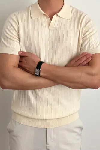 Erkak Mat Bej Slim Fit Fitilli Polo Yoqali Triko T-Shirt-Mat BEJ - TARZ COOL (1)