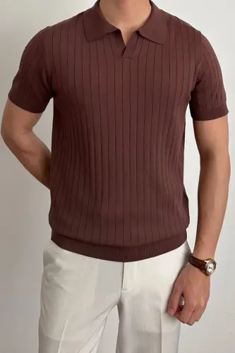 Erkak Mat jigarrang Slim Fit Fitilli Polo Yaka Triko T-ko'ylak-Mat jigarrang - TARZ COOL (1)