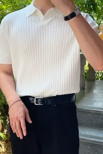 Erkak Mat Oq Slim Fit Fitilli Polo Yoqali Trikotaj T-ko'ylak - Mat OQ - 1