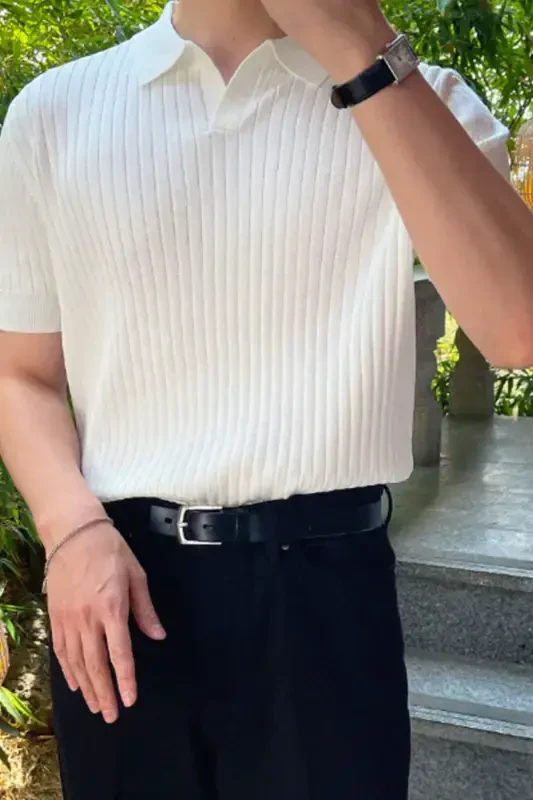 Erkak Mat Oq Slim Fit Fitilli Polo Yoqali Trikotaj T-ko'ylak - Mat OQ - 1