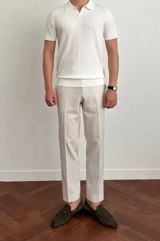 Erkak Mat Oq Slim Fit Fitilli Polo Yoqali Trikotaj T-ko'ylak - Mat OQ - 4