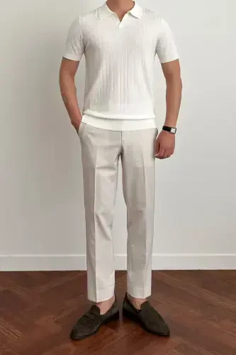 Erkak Mat Oq Slim Fit Fitilli Polo Yoqali Trikotaj T-ko'ylak - Mat OQ - 5