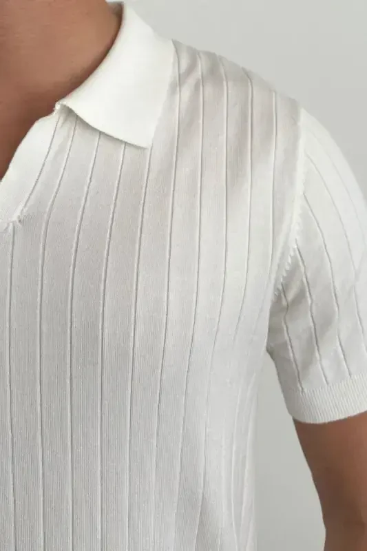 Erkak Mat Oq Slim Fit Fitilli Polo Yoqali Trikotaj T-ko'ylak - Mat OQ - 6