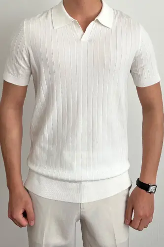 Erkak Mat Oq Slim Fit Fitilli Polo Yoqali Trikotaj T-ko'ylak - Mat OQ - 3