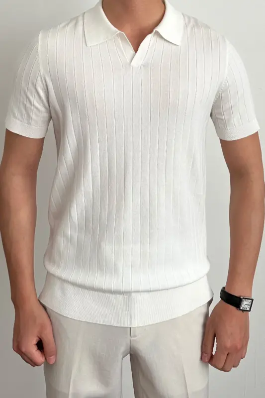 Erkak Mat Oq Slim Fit Fitilli Polo Yoqali Trikotaj T-ko'ylak - Mat OQ - 3