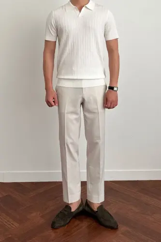 Erkak Mat Oq Slim Fit Fitilli Polo Yoqali Trikotaj T-ko'ylak - Mat OQ - 4