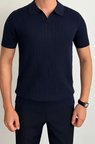 Erkak Mat toʻq koʻk Slim Fit Fitilli Polo yoqali trikotaj futbolka - toʻq koʻk 