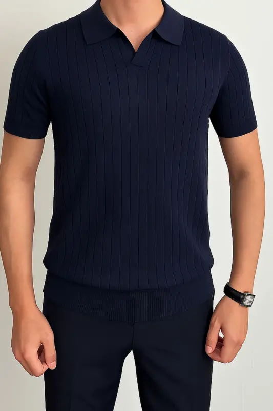 Erkak Mat toʻq koʻk Slim Fit Fitilli Polo yoqali trikotaj futbolka - toʻq koʻk - 1