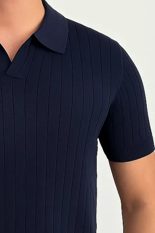 Erkak Mat toʻq koʻk Slim Fit Fitilli Polo yoqali trikotaj futbolka - toʻq koʻk - 2