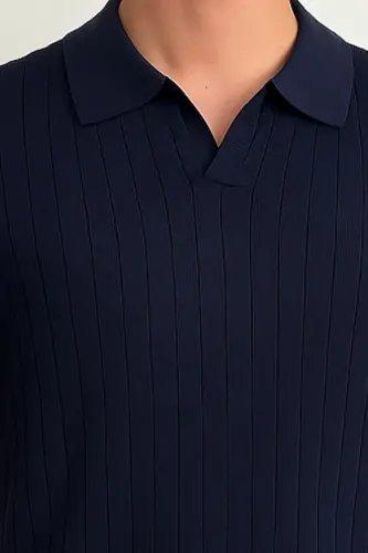 Erkak Mat toʻq koʻk Slim Fit Fitilli Polo yoqali trikotaj futbolka - toʻq koʻk - 3