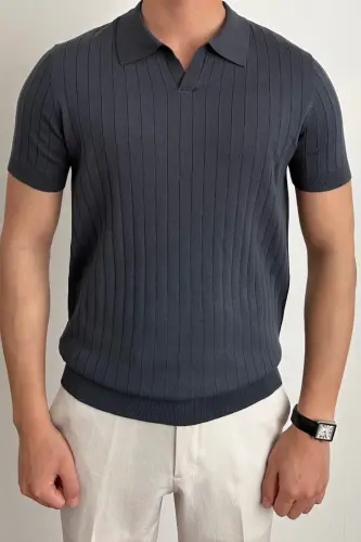 Erkak Mat Tuman Rangi Slim Fit Fitilli Polo Yoqali Trikotaj T-ko'ylak - Tuman Rangi - TARZ COOL (1)