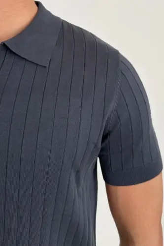 Erkak Mat Tuman Rangi Slim Fit Fitilli Polo Yoqali Trikotaj T-ko'ylak - Tuman Rangi - 3