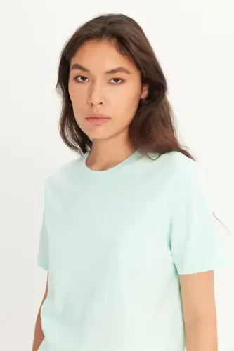 Erkak Mint %100 Paxta Slim Fit Tor Bichiqli Velosiped Yoqali Asosiy Futbolka-Mint - 7